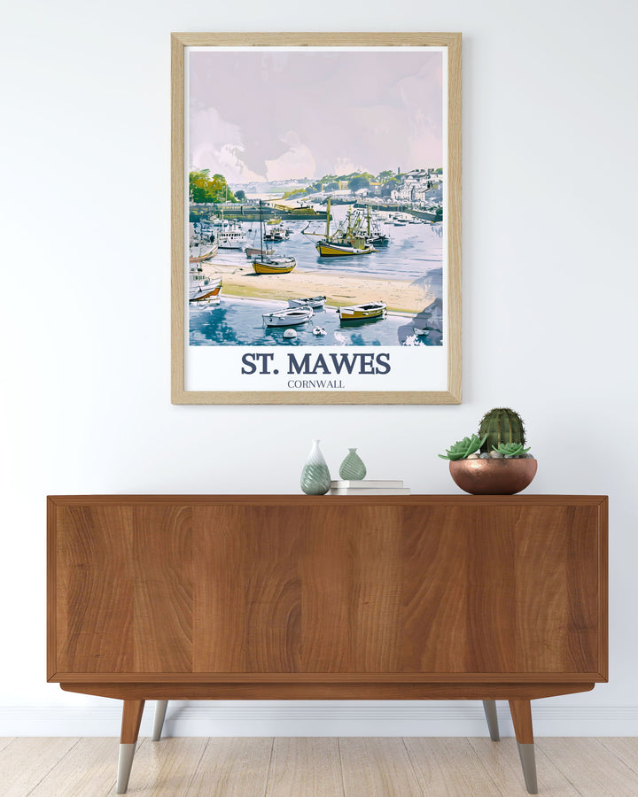 St. Mawes Harbour and St. Mawes Beach featured in this stunning Cornwall art print perfect for home decor this vibrant artwork captures the essence of Cornwalls coastal beauty ideal for enhancing any living space with elegant decor