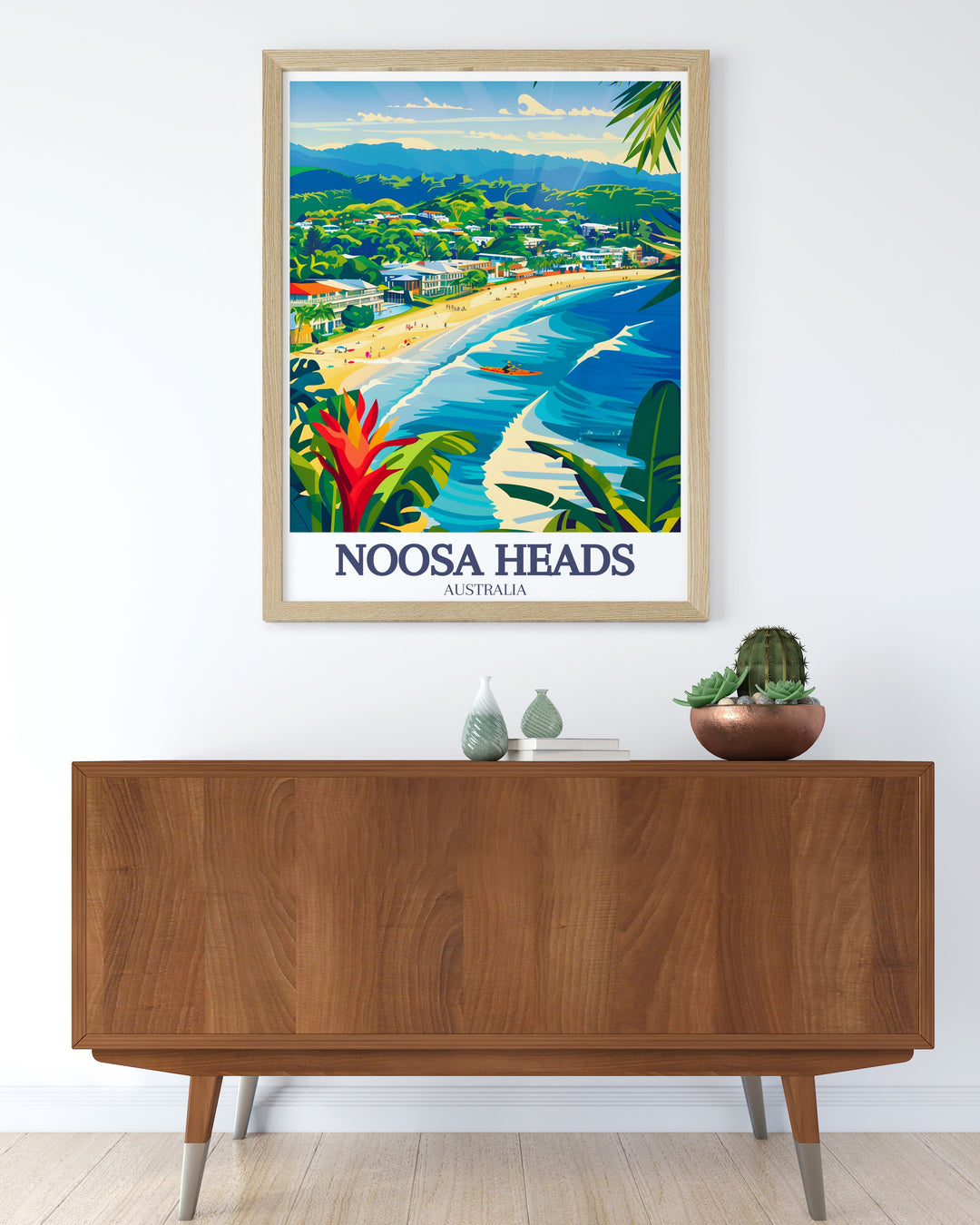 Noosa Heads Travel Print showcasing the pristine Noosa Everglades and the sparkling waters of Noosa Main Beach. The artwork offers a fine line illustration of the regions famous landscapes, perfect for any travelers collection.