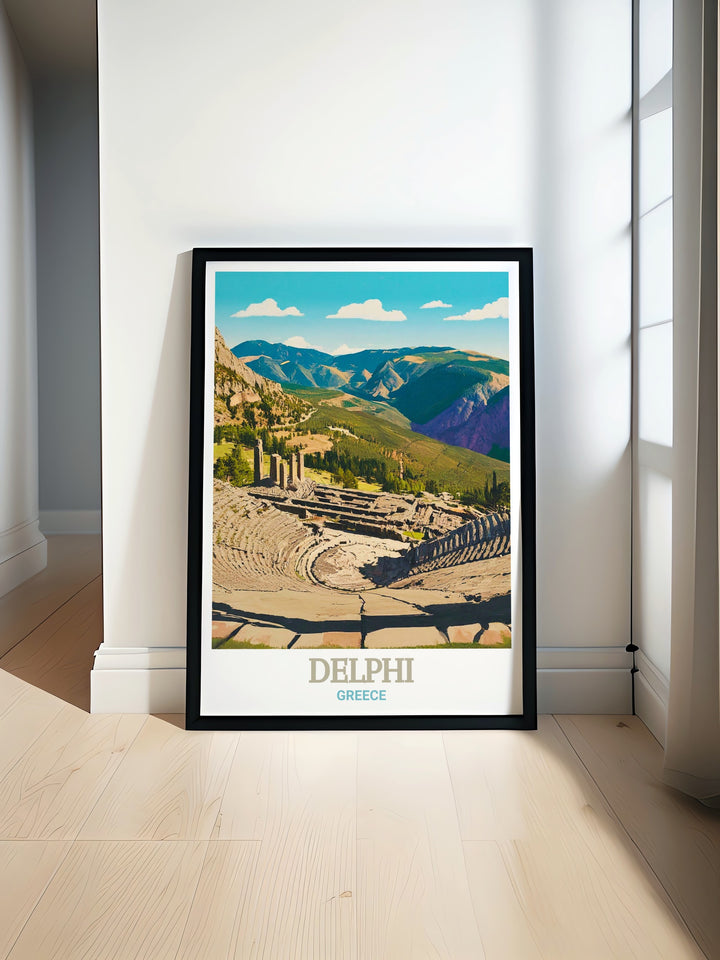 Greece travel print highlighting the ancient site of Delphi, with the Theatre of Delphi as a central feature. This wall art is a perfect addition to any collection of Greece art, celebrating the timeless beauty and historical importance of this iconic location.