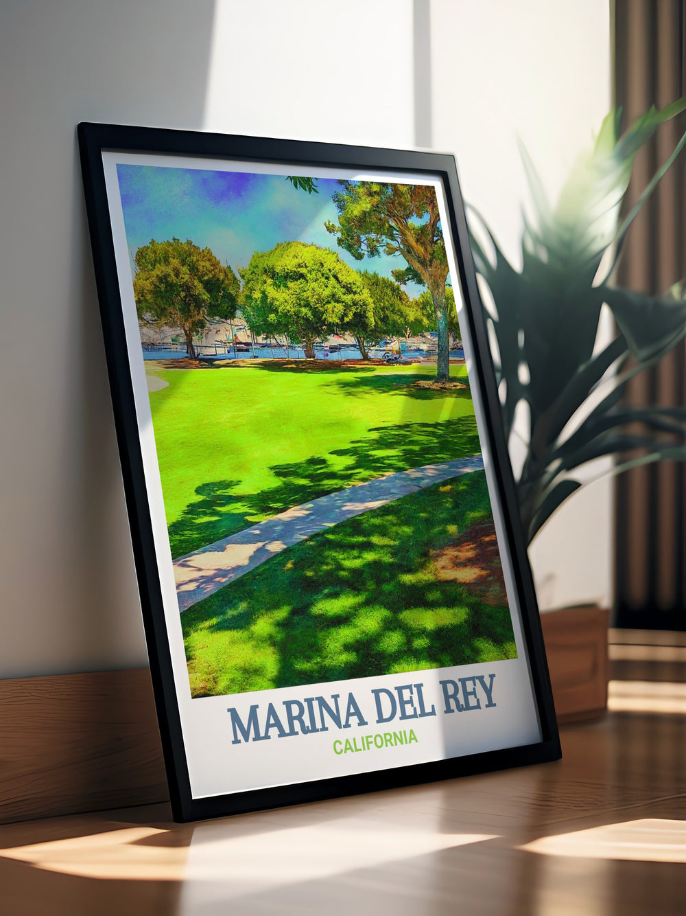 Marina del Rey travel print with colorful city map designed to add a modern touch to any living room. Burton W. Chace Park is featured in this elegant home decor piece making it a perfect wall art print for city lovers and those seeking unique artwork gifts.