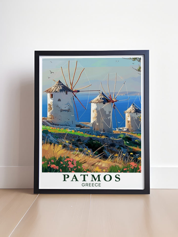 Windmills of Patmos modern art and Patmos greek art designed to transform your living space into a serene Greek haven the vibrant colors and intricate details of this artwork make it a perfect addition to any room adding a touch of Greek island elegance to your decor