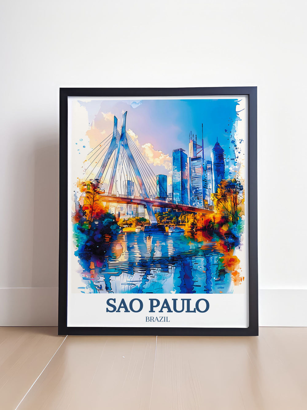 This Sao Paulo print beautifully captures the vibrant energy of the Marginal Pinheiros expressway, showcasing the citys dynamic pulse and modern design.