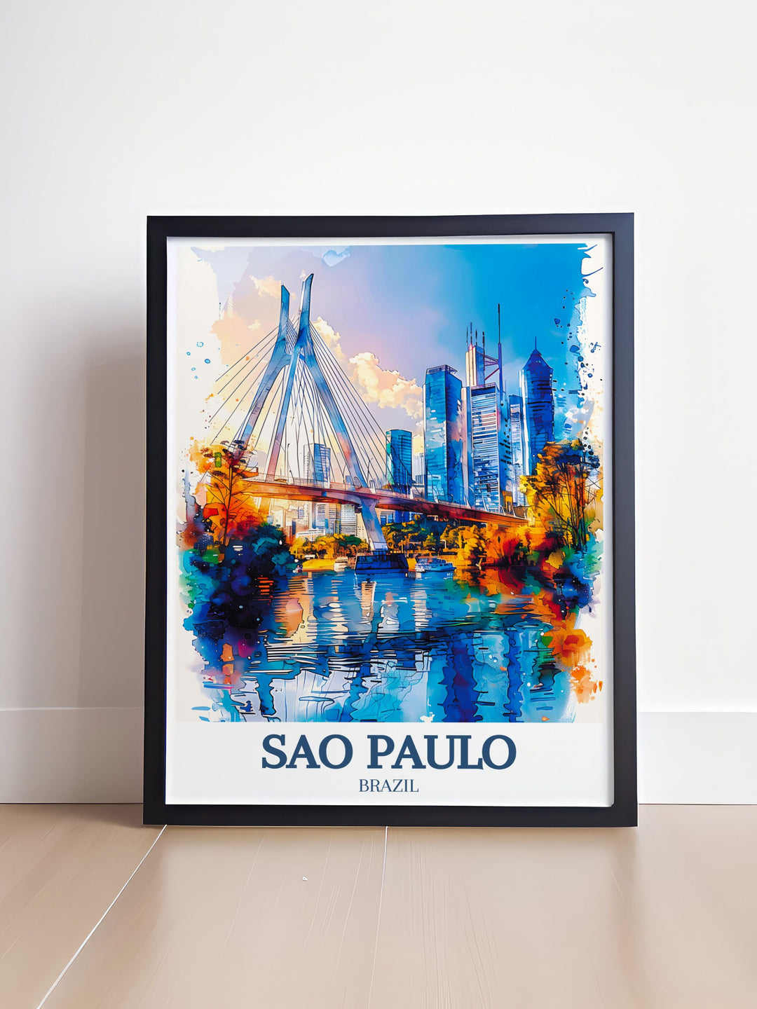 This São Paulo wall art highlights the Octávio Frias de Oliveira Bridge, known for its distinctive X shape design. Set against the urban backdrop of the Marginal Pinheiros expressway, this art print brings the dynamic city vibe of Brazils largest metropolis into your living space.