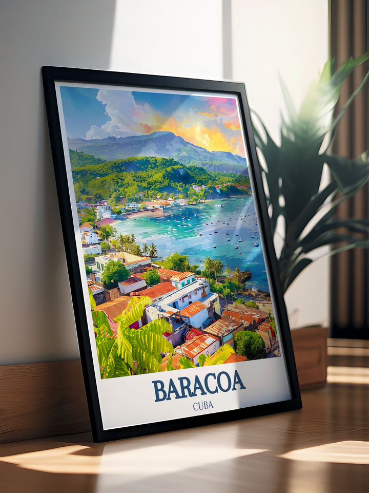 Elegant Cuba wall art depicting the serene Baracoa Bay and dynamic El Yunque Mountain. This piece highlights the contrast between calm waters and lush mountain landscapes, adding a tranquil yet adventurous touch to any room.