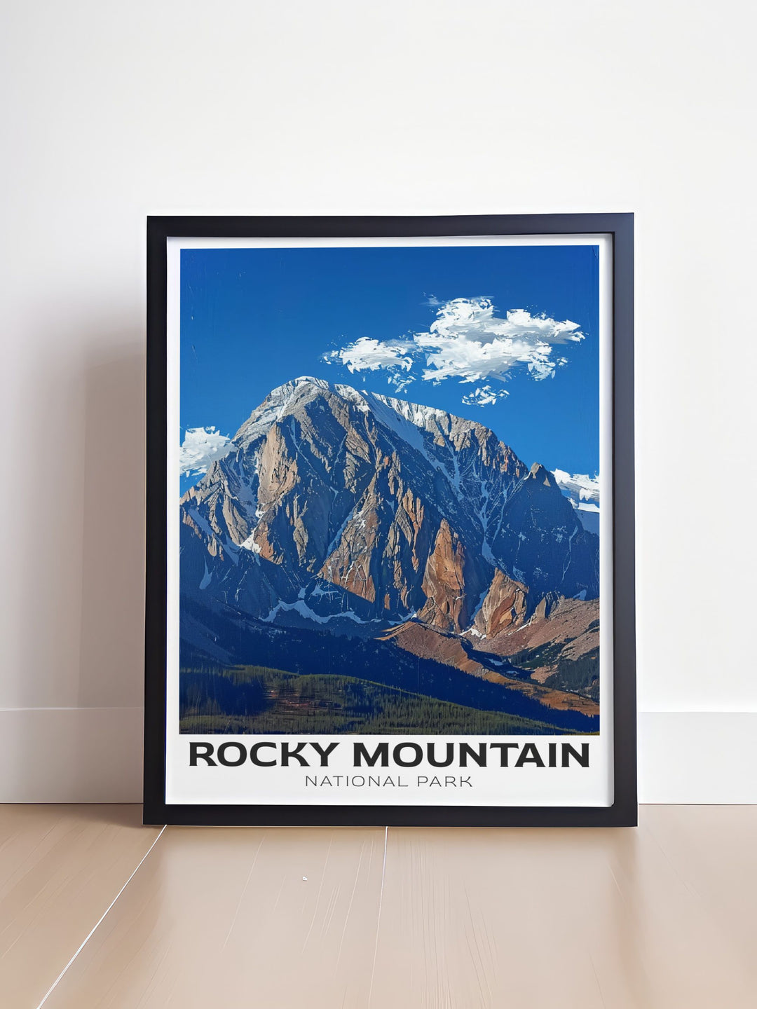 Long Peak artwork featuring the picturesque landscapes of Rocky Mountain National Park ideal for those who appreciate the beauty of the Colorado Rockies and want to bring a piece of it into their home