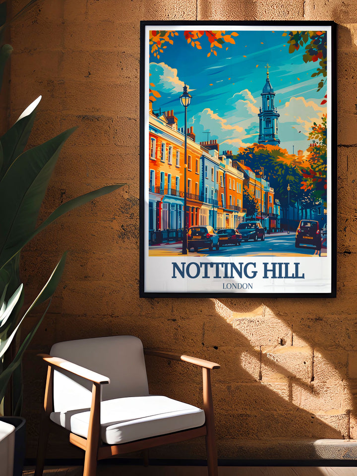 Beautiful Notting Hill Gate Village print featuring St. Peters Church and Portobello Road Market perfect for home decor bringing the charm of one of Londons most iconic neighborhoods into your living space with a stunning vintage design