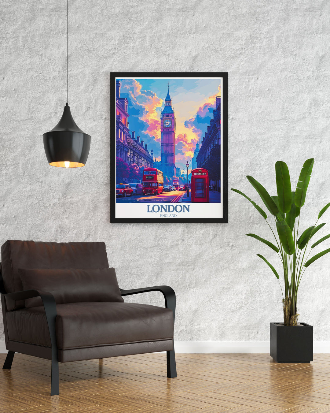 Stunning print of Big Ben and London Eye capturing the essence of Londons architectural icons. This modern art piece serves as perfect wall decor, adding a touch of elegance and charm to any room with its detailed and vibrant portrayal.