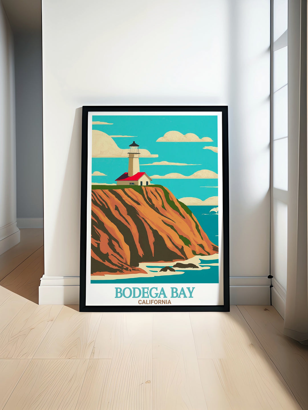 Bodega Head poster showcasing the stunning coastal scenery and serene beaches of Bodega Bay. Perfect for adding a touch of California travel inspiration to your home decor with vibrant and detailed artwork.