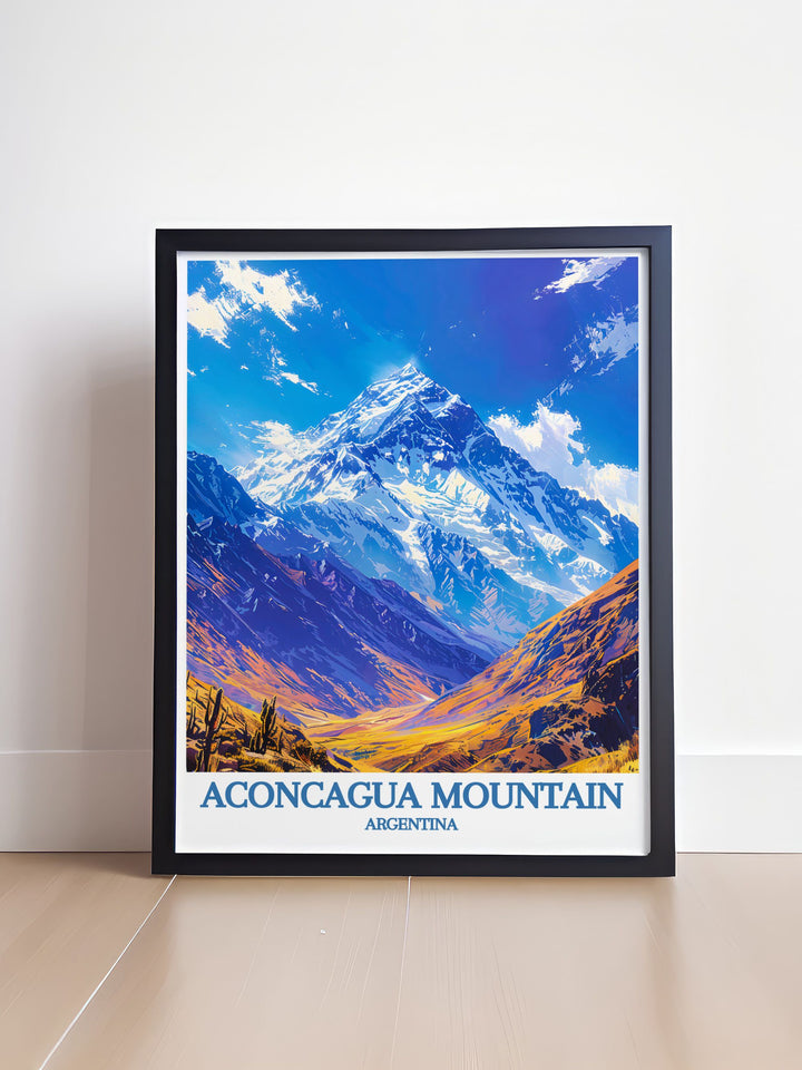 Experience the grandeur of Aconcagua Mountain with this retro travel poster showcasing Cerro Aconcagua in Mendoza Argentina perfect for nature enthusiasts.