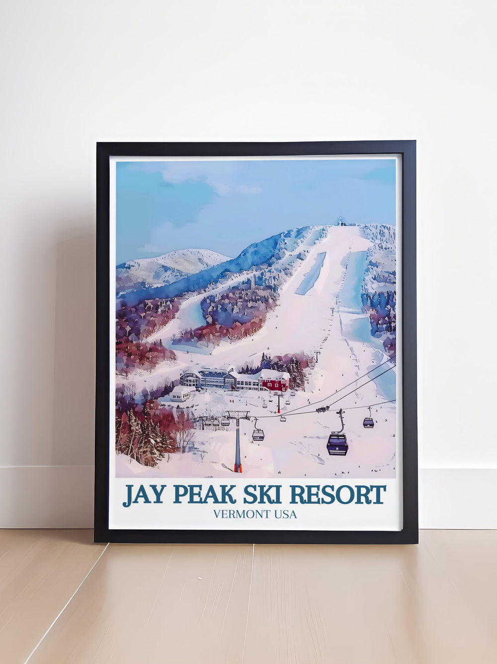 Detailed travel poster of Jay Peak Ski Resort in Vermont, showcasing extensive ski terrain, dynamic winter activities, and stunning snowy landscapes.