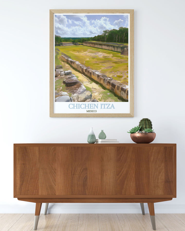 Showcasing the impressive structure of the Great Ball Court, this poster adds a unique touch of Mexicos ancient heritage to your decor. Experience the wonder of Chichen Itza with this art print, highlighting the courts architectural brilliance and cultural significance.