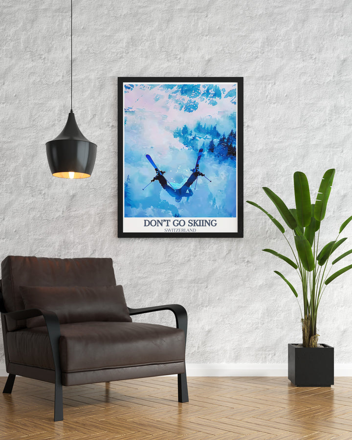 Zermatt, Switzerland snowboarding print featuring a retro design. This unique piece of wall art is perfect for ski enthusiasts and anyone who loves the thrill of winter sports. A great addition to your home decor collection, capturing the magic of the slopes