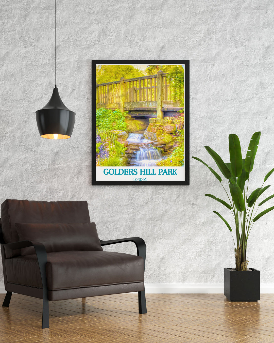 Travel poster of Golders Hill Park, London, showcasing the picturesque Water Gardens and peaceful atmosphere, a must have for any travel art enthusiast.