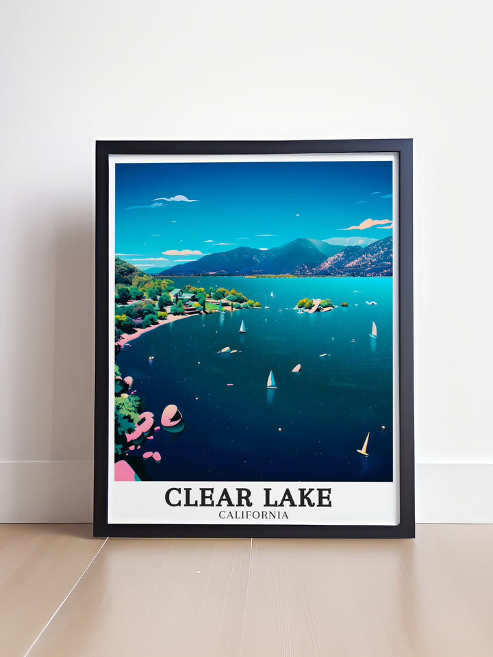 A scenic travel poster of Clear Lake with Clearlake Oaks in the foreground, offering a unique view of this peaceful California destination. Ideal for anyone looking to add a bit of nature and calm to their décor.