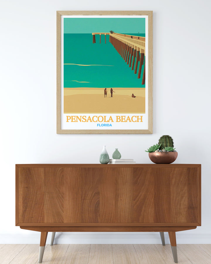 Stunning travel poster of Pensacola Beach Pier, showcasing the breathtaking scenery of Pensacola Beach in Florida. A perfect gift for nature and art lovers. The vibrant colors and intricate details capture the serene ambiance of this famous destination.