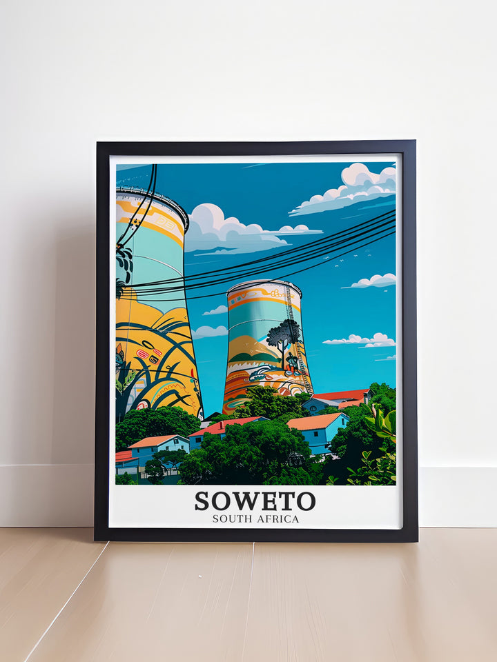 Bungee Jumping Canvas Art depicting the daring sport at Orlando Towers in Soweto, Johannesburg, highlighting the vibrant street art and the adrenaline filled atmosphere, ideal for thrill seekers and art lovers alike.