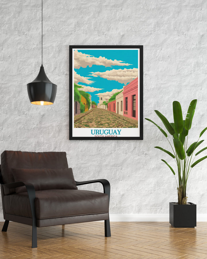 Uruguay print featuring the vibrant city life of Montevideo and the historic charm of Colonia del Sacramento Historic Quarter modern decor perfect for enhancing any room with a touch of South American flair and cultural richness.