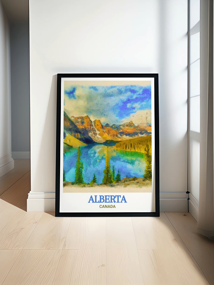 Banff National Park print, capturing the majestic beauty of Albertas premier destination with vibrant colors and detailed artwork. This print brings the essence of Banff into your home.