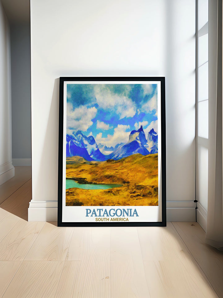 Torres del Paine National Park poster showcasing the majestic Cuernos Del Paine and vibrant guanacos. Ideal for Patagonia Chile travel enthusiasts and South American art collectors. Perfect for adding a touch of natural beauty to your home decor.