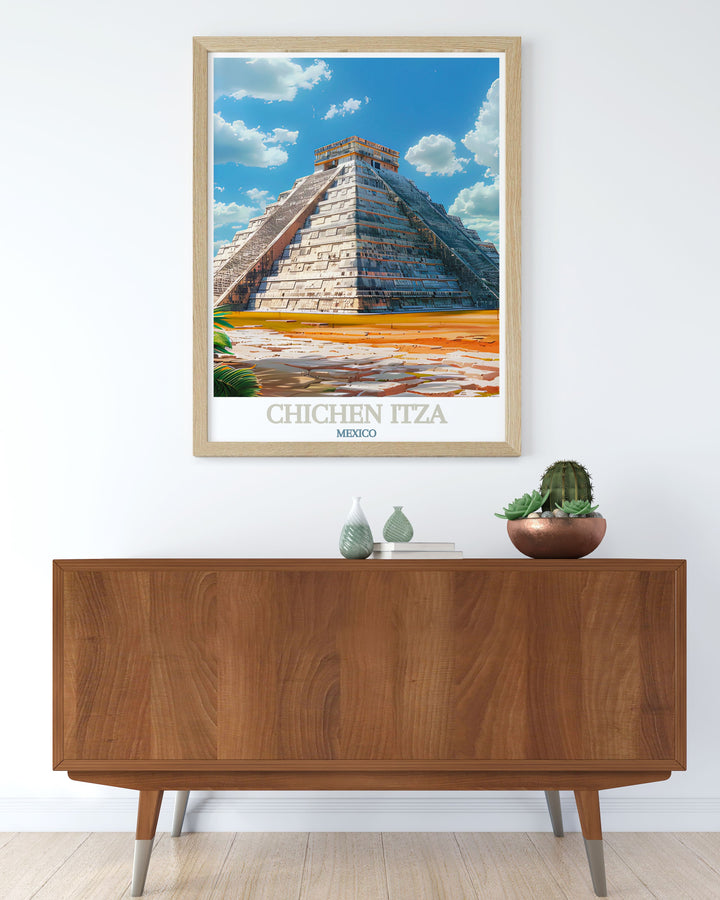 This El Castillo travel poster beautifully captures the intricate carvings and majestic presence of the pyramid. Perfect for adding a historical and sophisticated touch to your decor, this art print reflects the rich heritage of Chichen Itza.