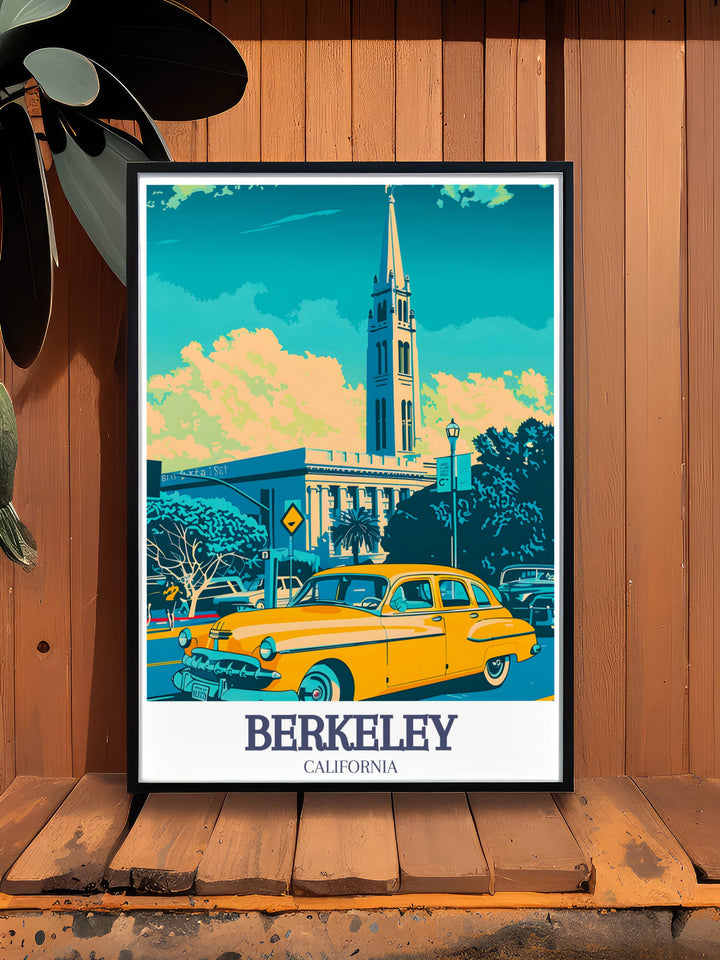 Capture the iconic beauty of Berkeleys Campanile and surrounding hills with this travel poster. Ideal for lovers of Northern California, this poster celebrates the citys unique academic and natural environments, making it the perfect addition to your wall art collection.