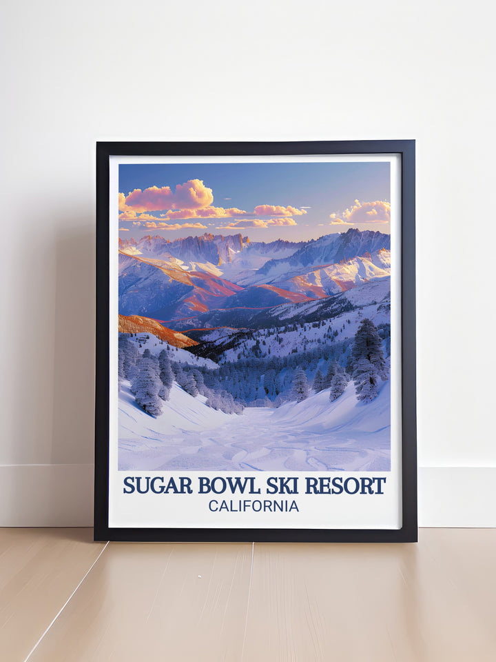 Sugar Bowl Ski Area in Sierra Nevada mountains depicted in a vibrant print ideal for adding a touch of California ski charm to your home decor