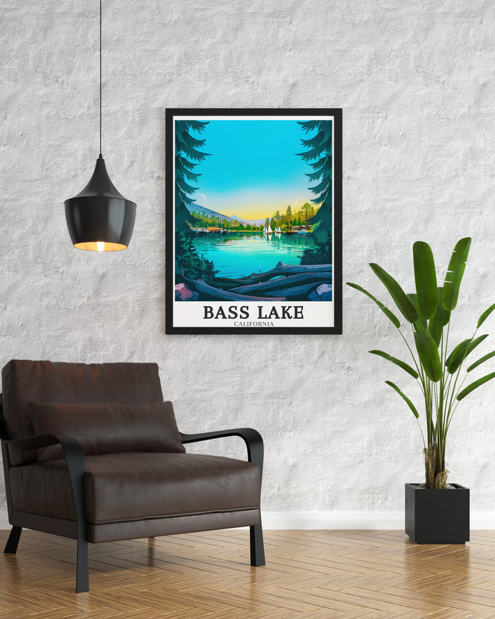 This framed print of Bass Lake California captures the peaceful scenery of The Pines Resort Sierra Nevada Mountains making it an ideal choice for those who appreciate the beauty of Yosemite California and vintage travel prints for their home.