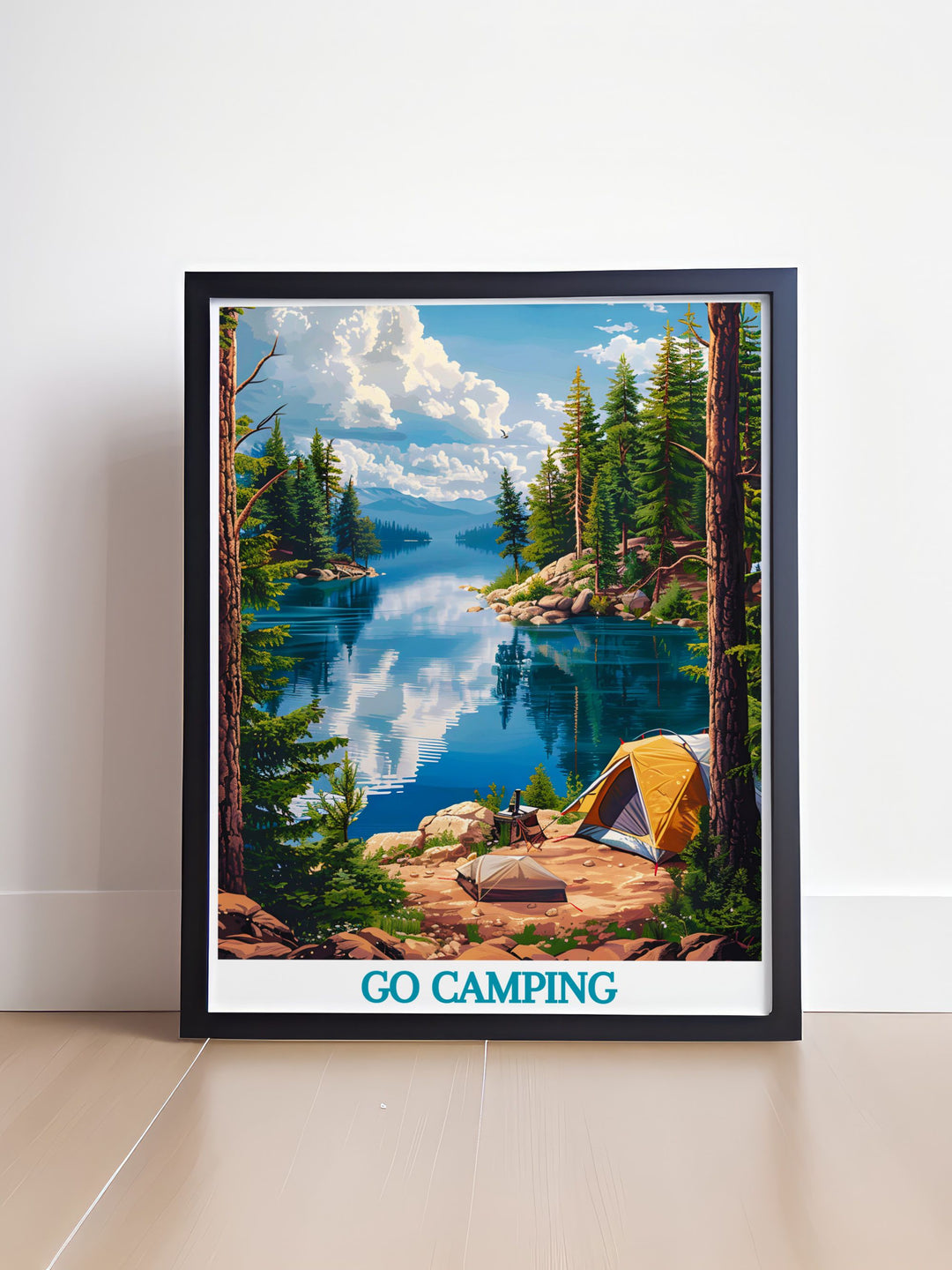 Canvas art depicting a classic VW camper van by a picturesque lake, capturing the essence of a perfect camping trip, making it a great addition for outdoor enthusiasts.