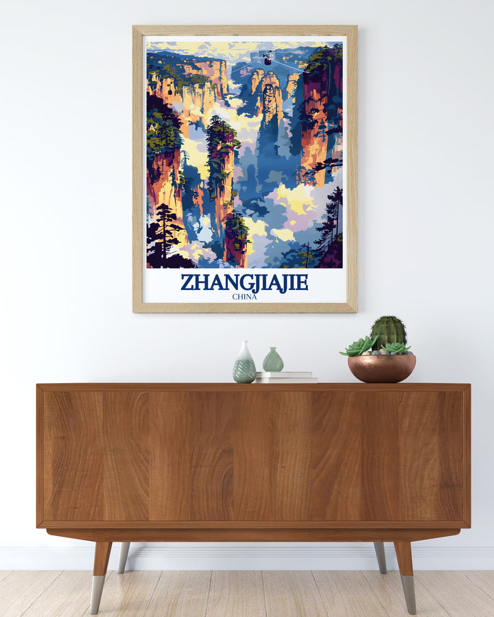 A custom travel print featuring the exhilarating Tianmen Mountain Cable Car, offering a view of Zhangjiajies incredible landscape. Ideal for those who love exploring new destinations, this detailed artwork captures the thrill and beauty of one of Chinas most iconic natural attractions.