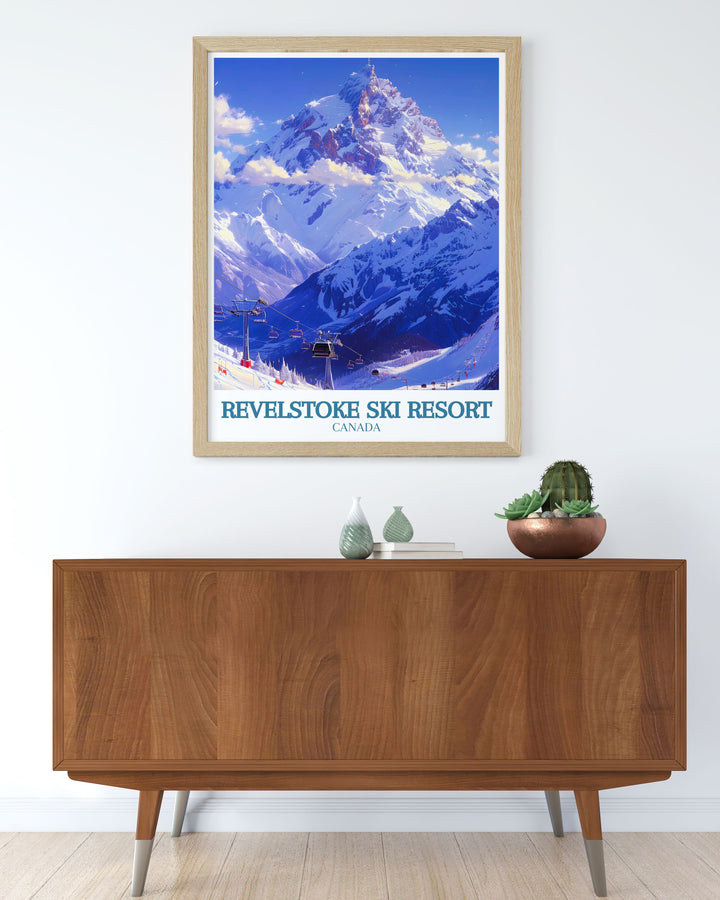Canada Travel Poster featuring the stunning Mount Mackenzie and the Revelation Gondola cable car. This ski resort print is perfect for those who appreciate vintage ski posters and national park art. Enhance your home with this beautiful framed print.
