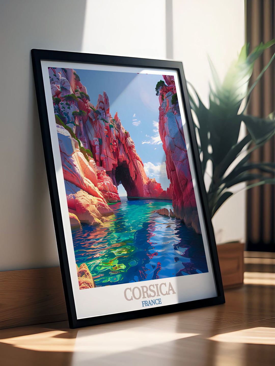 Elegant Corsica art print depicting the breathtaking scenery of Calanques de Piana a wonderful addition to any home decor bringing the charm of Corsican landscapes into your living space and creating a serene atmosphere