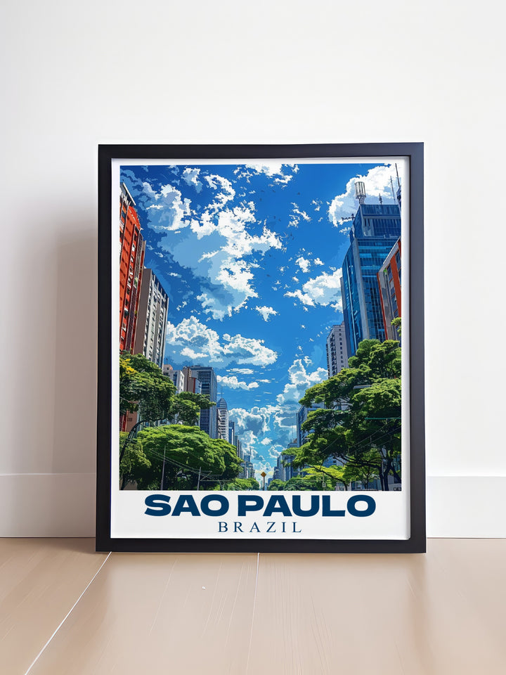 Vibrant Paulista Avenue poster print showcasing Sao Paulo's iconic street. This Brazil print is perfect for adding energy and culture to your living room decor making it a great choice for cityscape and modern art enthusiasts.