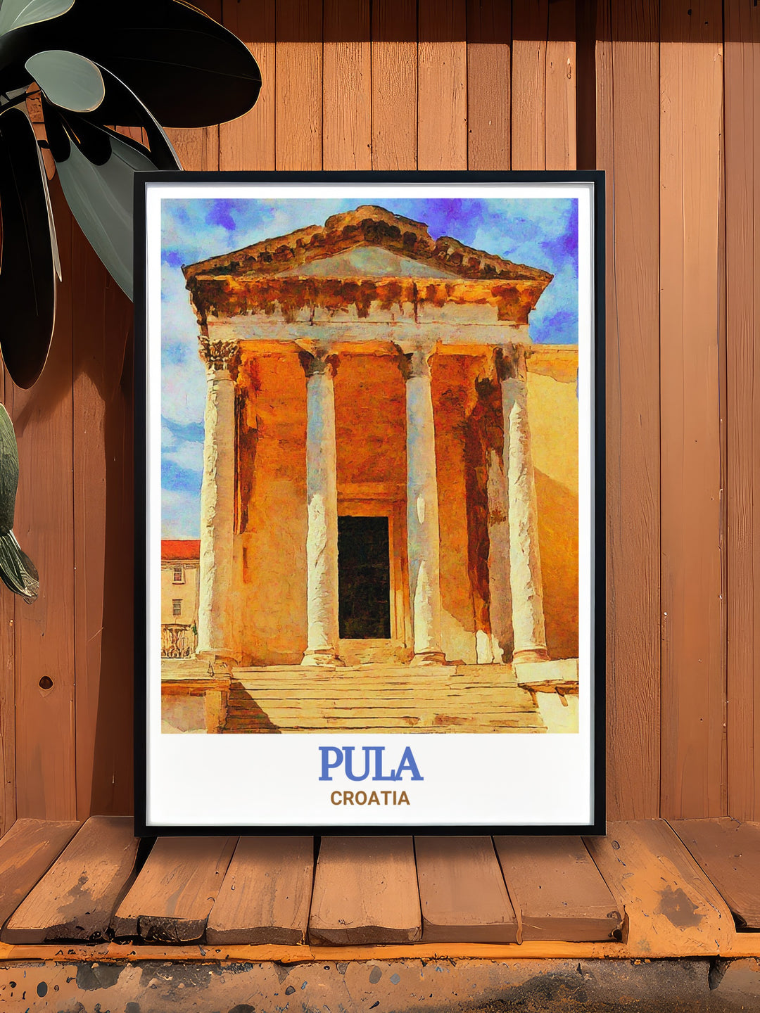 An art print that celebrates the beauty and history of Pula, Croatia, with a focus on the Temple of Augustus. The detailed depiction of this Roman temple adds a classical element to any decor.