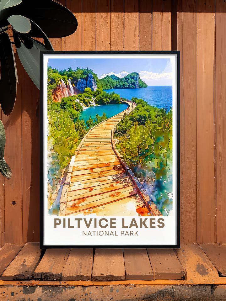 Plitvice Lakes Boardwalk wall art featuring the picturesque pathways and lush greenery of Plitvice Lakes National Park perfect for enhancing your living space with the natural beauty and serenity of Croatias iconic landscape
