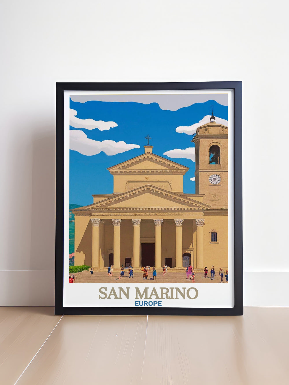 A classic Italy travel poster that features the Basilica di San Marino, this art print is perfect for those who appreciate historical landmarks. The poster showcases the elegance of this European site, making it a great addition to your home or as a travel gift.