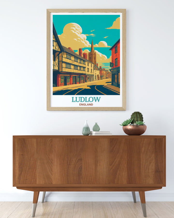 Broad Street in Ludlow, England, is beautifully depicted in this travel print. Featuring historic Tudor and Georgian buildings, this artwork offers a charming glimpse into one of Englands most picturesque towns.