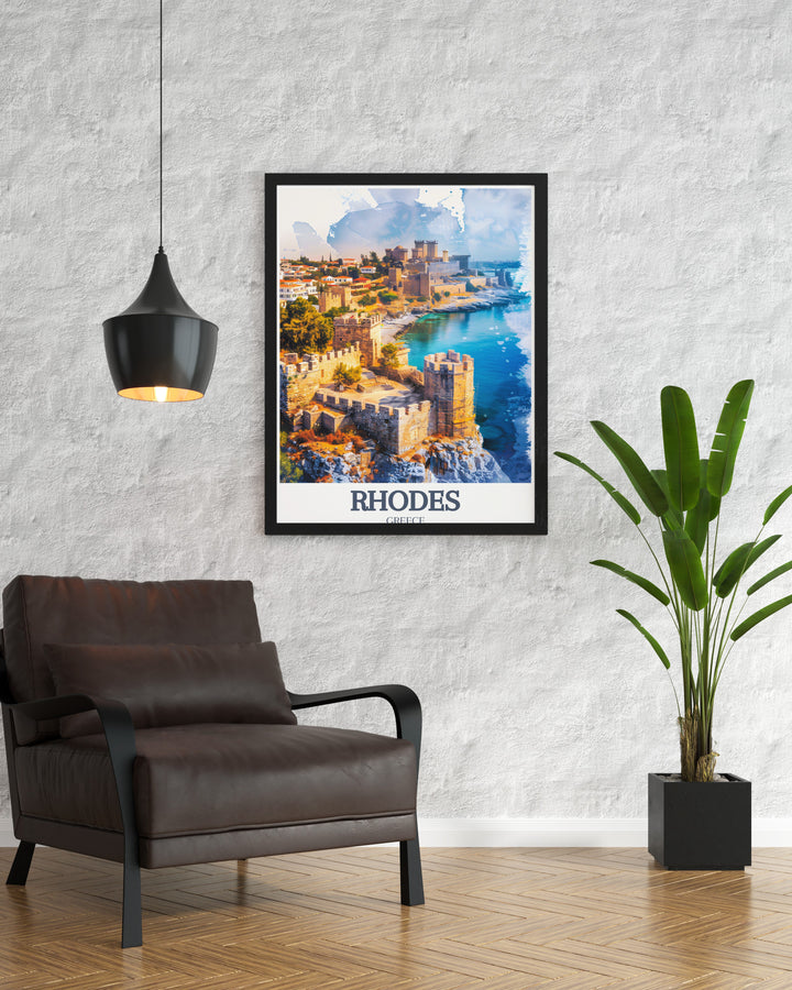 Palace of the Grand Master and Old Town of Rhodes Canvas Art, capturing two of Rhodes most iconic landmarks. This Greece art print is perfect for adding a historical element to any space, especially for those who love Greek history.