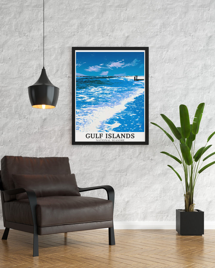 The Gulf Islands wall poster captures the serene beauty of Floridas Gulf Coast. Perfect for those who love the beach, this poster features the calm waters, sandy beaches, and beautiful skies that make the Gulf Islands a top destination. This poster adds a touch of natural beauty to any home.