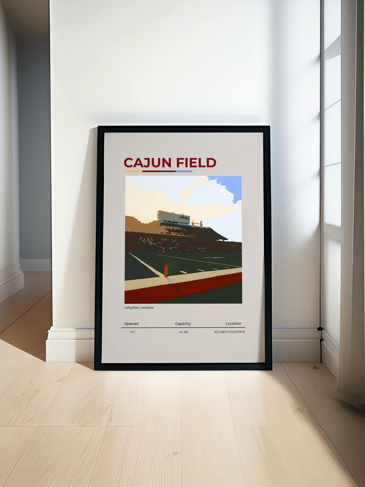 Cajun Field travel poster with vibrant college football art capturing the energy of the Louisiana Ragin Cajuns perfect for dorm room decor or as a gift for football fans. This print adds a retro touch to any room showcasing the iconic Cajun Field.