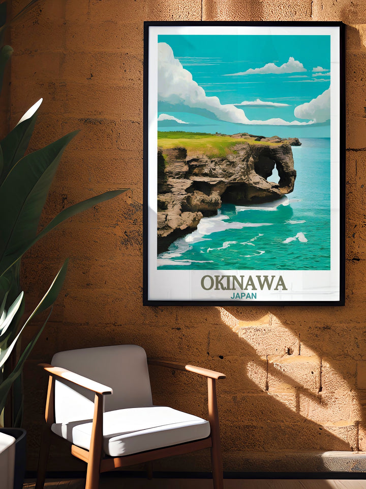Captivating Cape Manzamo home decor print that brings the enchanting beauty of Okinawa into your living room or office perfect for those who admire Japanese landscapes and Ryukyu culture