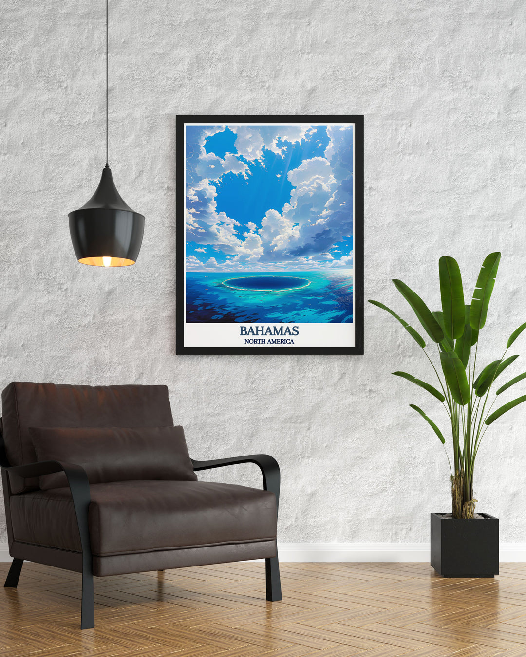 Wall art print featuring the crystal clear waters of the Blue Hole, highlighting the vibrant underwater life and coral formations of the Bahamas.