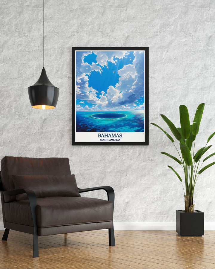 Wall art print featuring the crystal clear waters of the Blue Hole, highlighting the vibrant underwater life and coral formations of the Bahamas.