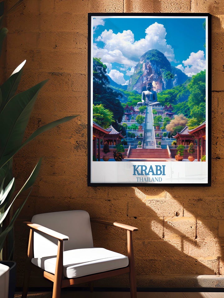 Enjoy the serene beauty of Krabi Island and the mystique of Tiger Cave Temple with this vibrant wall art print capturing the essence of these tropical and spiritual destinations perfect for adding a splash of color to your home decor and making a great travel gift.