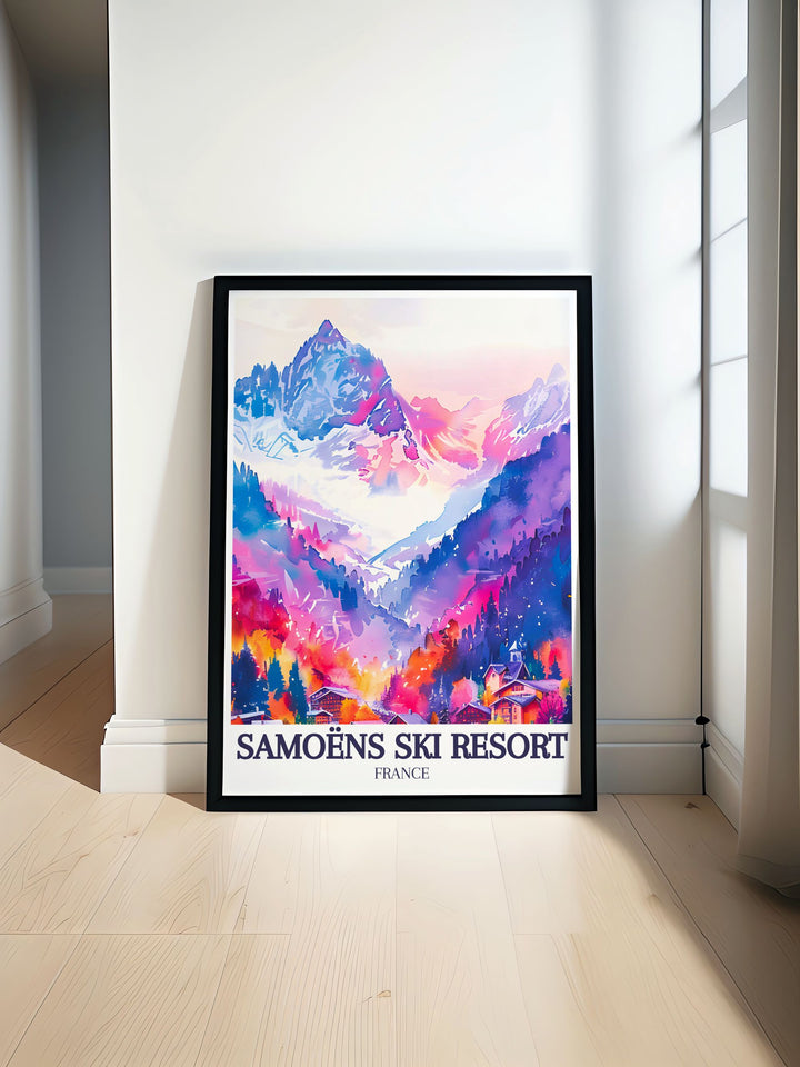 Snowboarding Poster featuring Mont Blanc Grand Massif French Alps perfect for living room decor and gifts showcasing the stunning slopes of Morillon Ski Resort and Grand Massif region