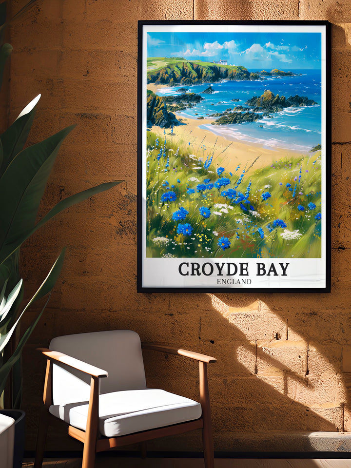 This Croyde Bay beach print offers a calming escape to the golden sands of North Devon. Perfect for coastal decor or as a gift, this wall art captures the beauty of the UKs natural landscapes, with Baggy Point and the North Devon AONB in the background.