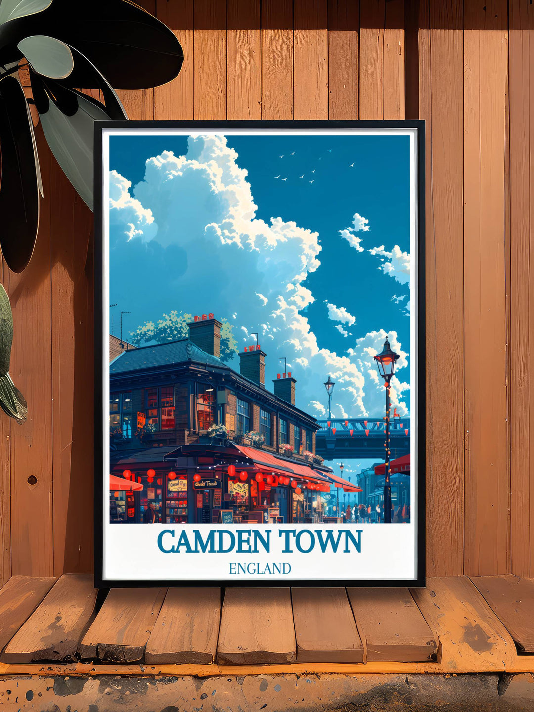 Vintage travel print showcasing Camden Market and the vibrant street life of Camden Town London a perfect addition to any art collection or home decor for those who love the eclectic vibe of one of Londons most artistic neighborhoods.