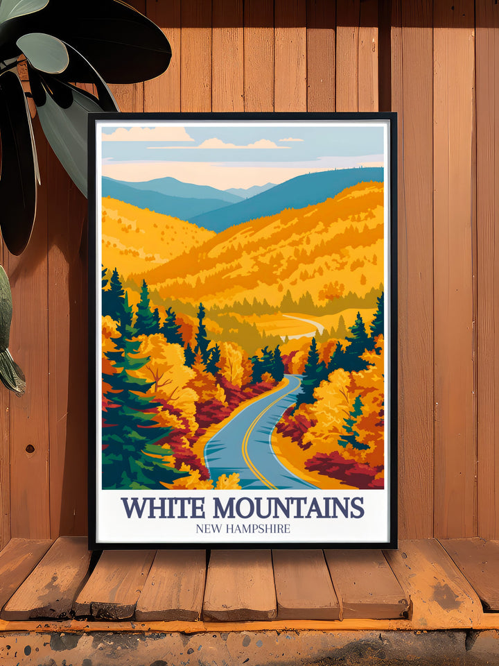 White Mountains Travel Poster features the rugged cliffs and scenic vistas of Crawford Notch and the Kancamagus Highway. Its a great way to celebrate your love for the White Mountains and the great outdoors.