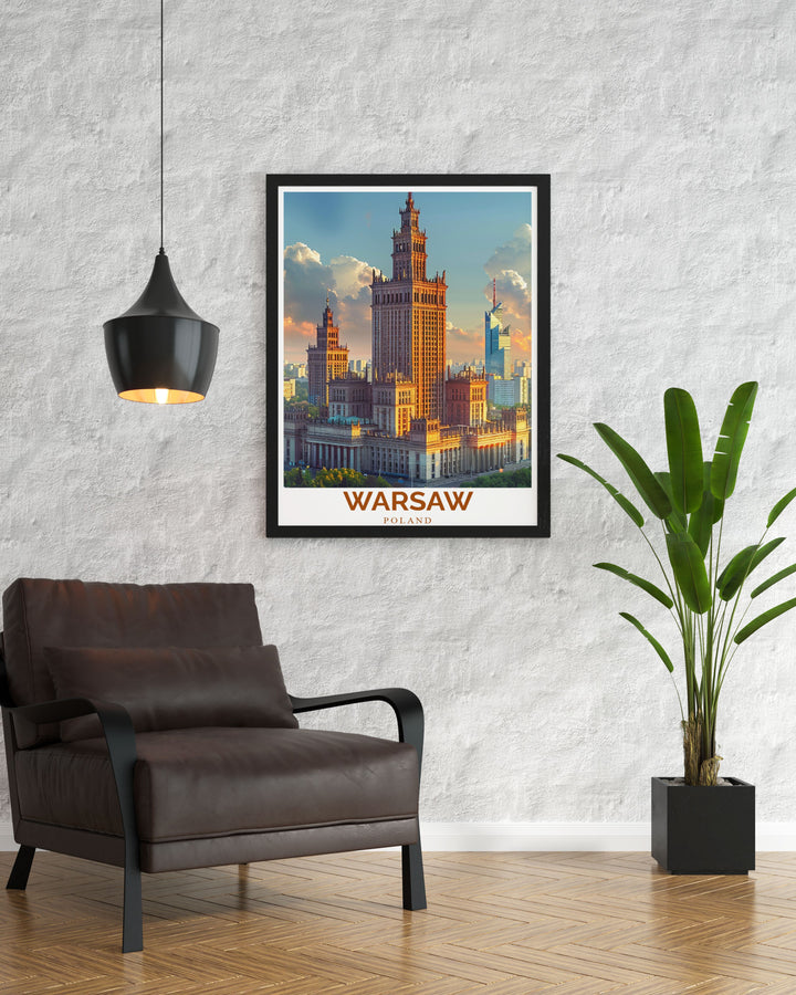 Beautiful Warsaw travel poster featuring the Palace of Culture and Science offers a stunning view of one of Polands most iconic landmarks perfect for anyone looking to celebrate Polish culture with elegant wall art for their home or office decor.