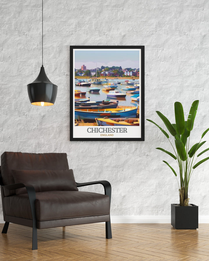 Add a touch of English coastal beauty to your decor with this travel poster, featuring the serene waters and picturesque landscapes of Chichester Harbour, perfect for coastal and nature themed decor.