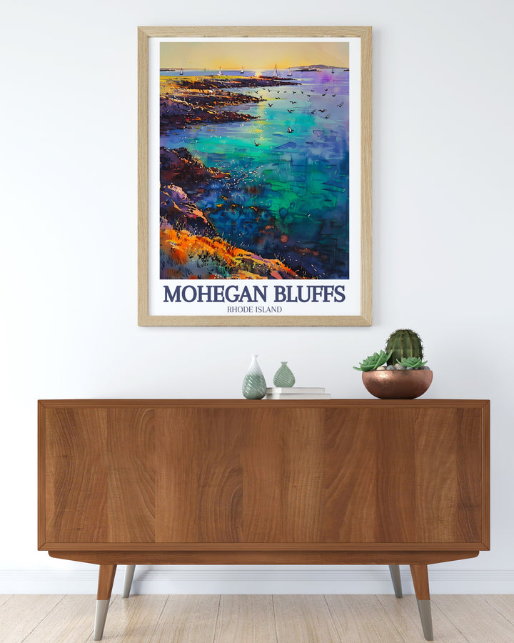 Featuring the iconic Mohegan Bluffs, this Rhode Island travel poster offers a stunning view of Block Islands coastline. The vintage inspired design and soft color palette make it a perfect addition to any home, capturing the peaceful beauty of Mohegan Bluffs Beach.